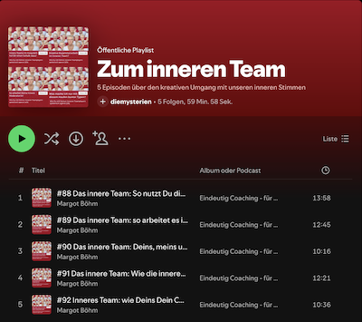 Screenshot der Spotify-Playlist der Podcastserie von Eindeutig Coaching zum Inneren Team Screenshot der Spotify-Playlist der Podcastserie von Eindeutig Coaching zum Inneren Team von Margot Böhm, Sylt